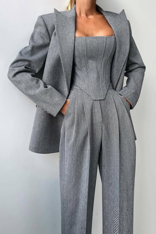 Stijlvolle 3-delige Dames Set met Luxe Blazer en Wijde Pijpen Pantalon