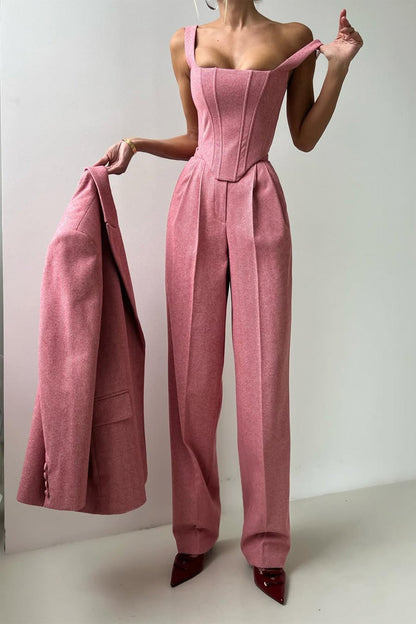 Stijlvolle 3-delige Dames Set met Luxe Blazer en Wijde Pijpen Pantalon