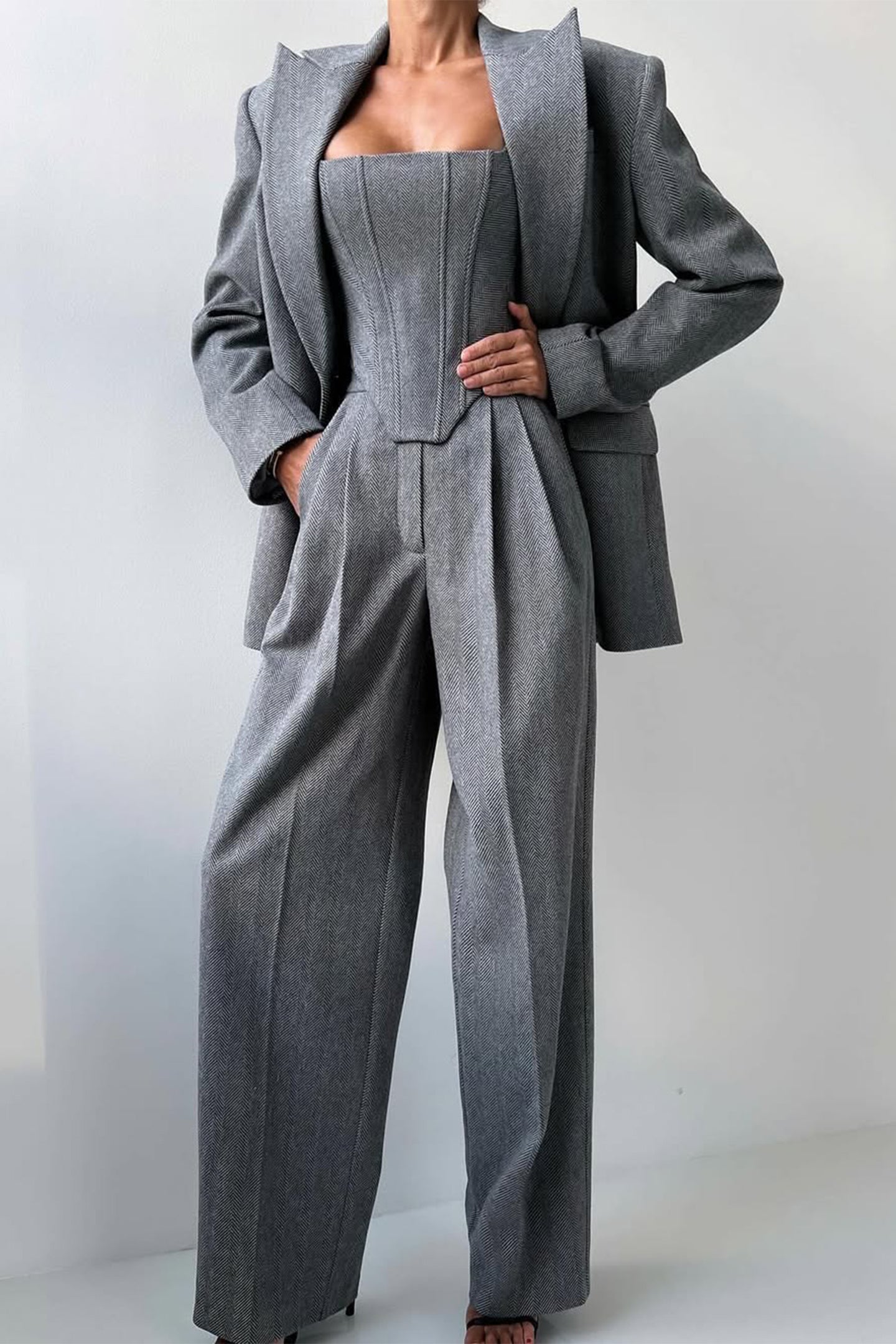 Stijlvolle 3-delige Dames Set met Luxe Blazer en Wijde Pijpen Pantalon