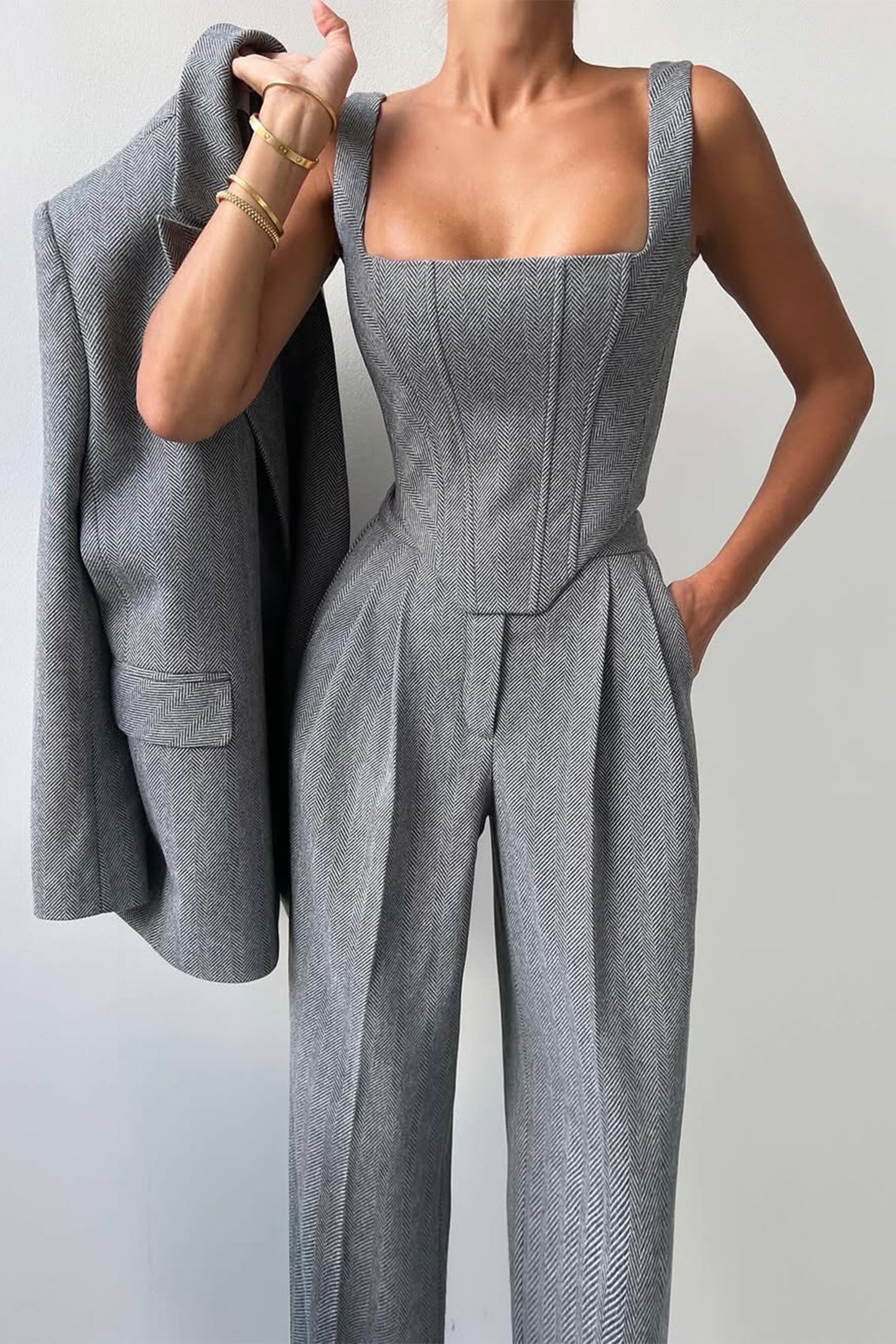 Stijlvolle 3-delige Dames Set met Luxe Blazer en Wijde Pijpen Pantalon
