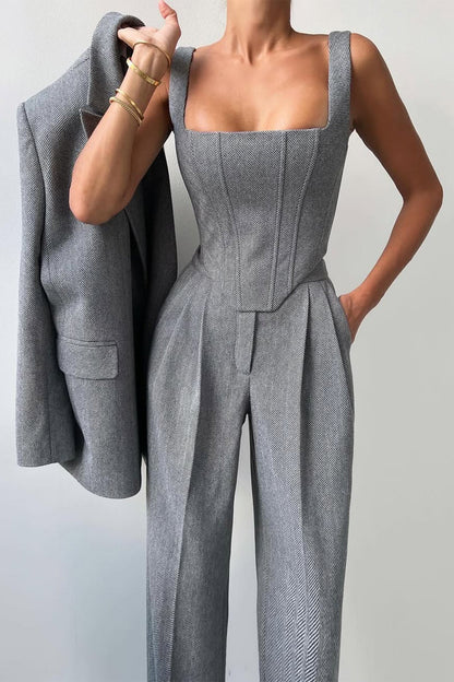 Stijlvolle 3-delige Dames Set met Luxe Blazer en Wijde Pijpen Pantalon