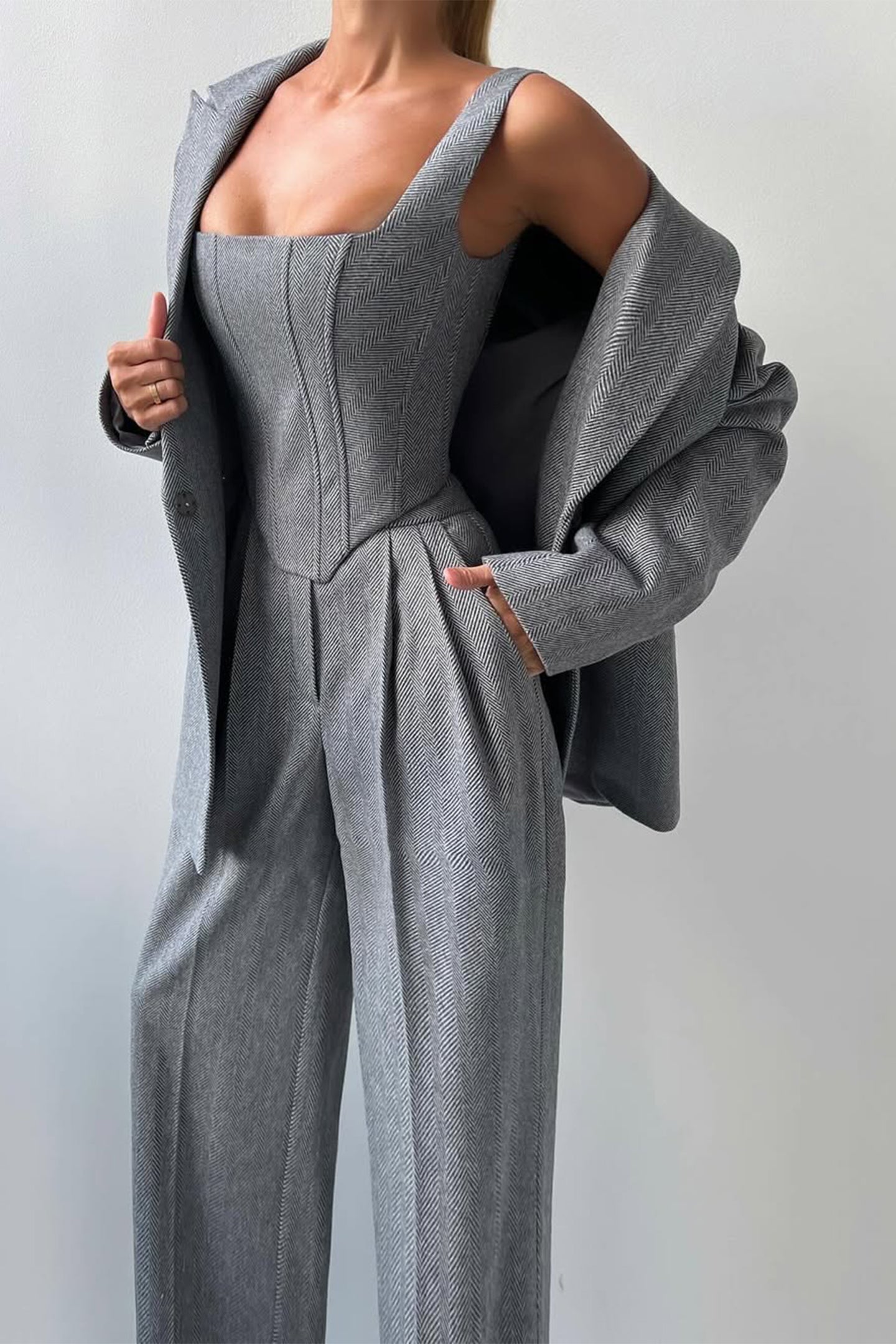 Stijlvolle 3-delige Dames Set met Luxe Blazer en Wijde Pijpen Pantalon