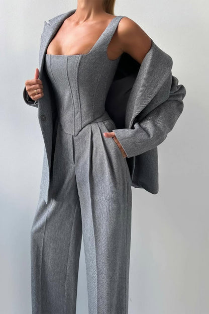Stijlvolle 3-delige Dames Set met Luxe Blazer en Wijde Pijpen Pantalon