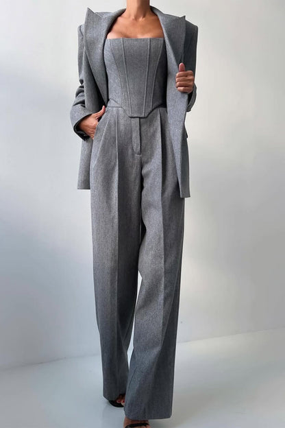 Stijlvolle 3-delige Dames Set met Luxe Blazer en Wijde Pijpen Pantalon