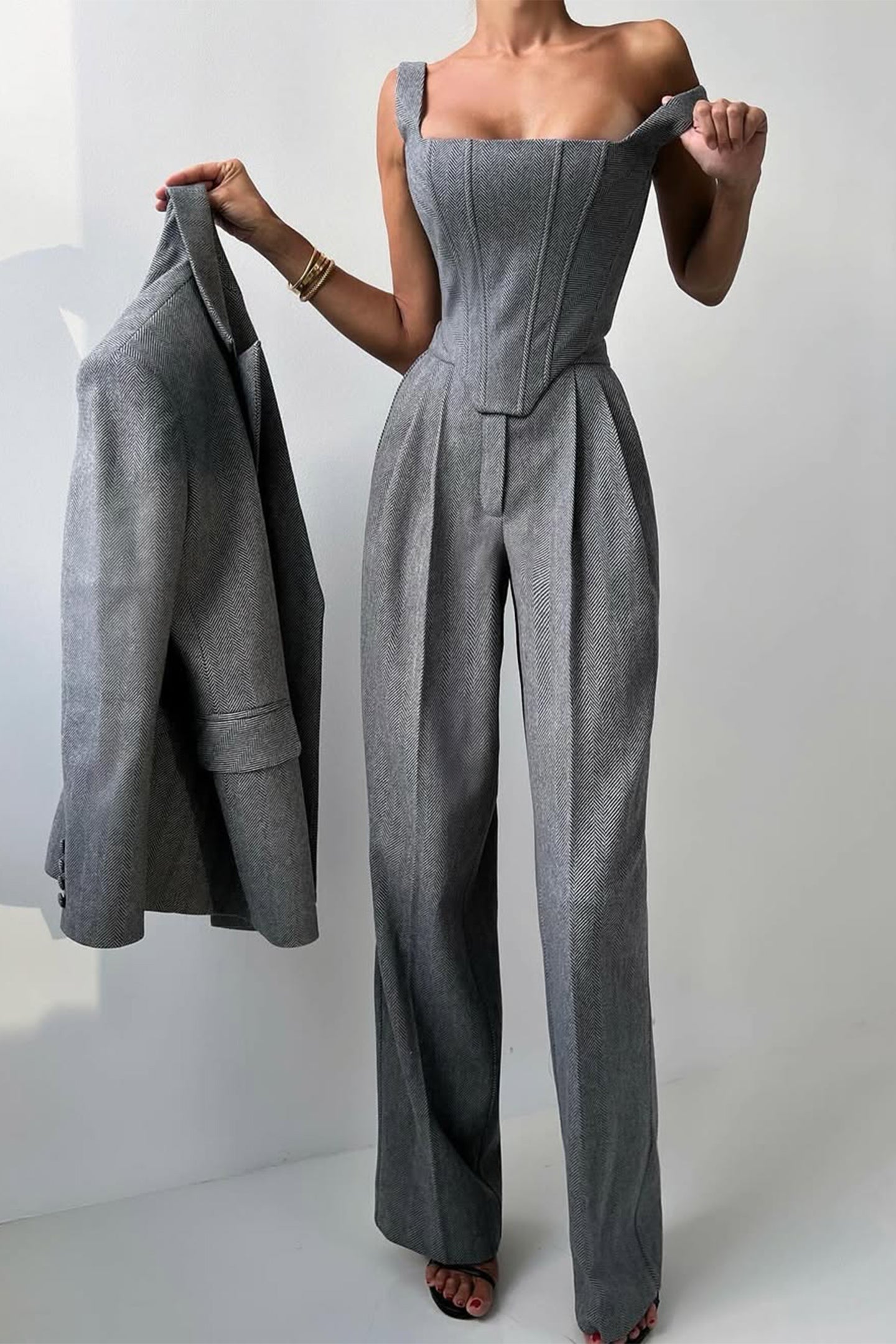 Stijlvolle 3-delige Dames Set met Luxe Blazer en Wijde Pijpen Pantalon