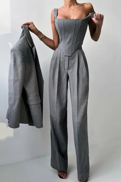Stijlvolle 3-delige Dames Set met Luxe Blazer en Wijde Pijpen Pantalon