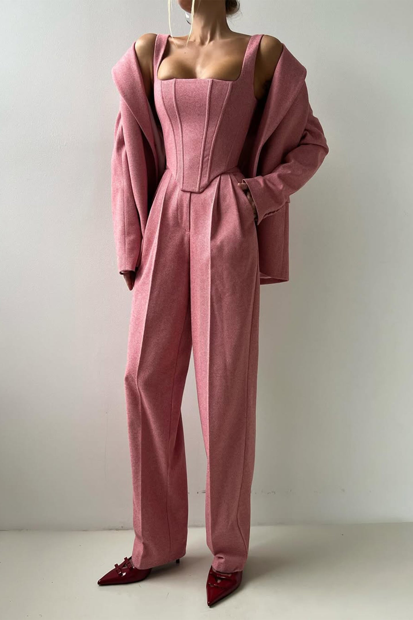 Stijlvolle 3-delige Dames Set met Luxe Blazer en Wijde Pijpen Pantalon