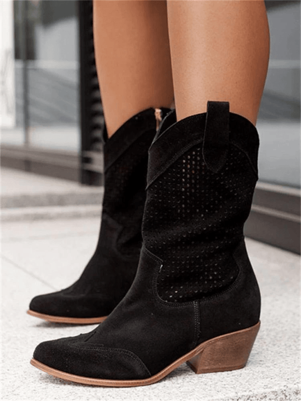 Stylish Suede Women's Cowboy Boots with Low Heel