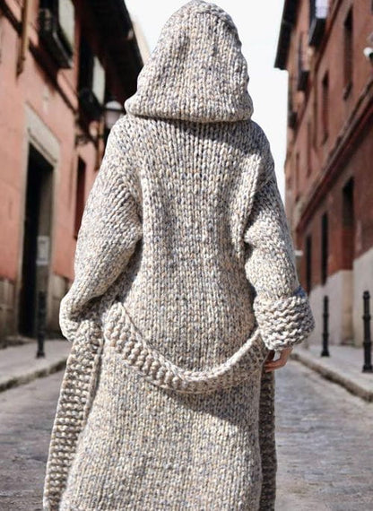 Grijze Oversized Gebreide Dames Cardigan met Capuchon