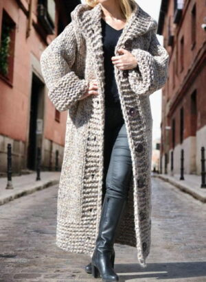 Grijze Oversized Gebreide Dames Cardigan met Capuchon