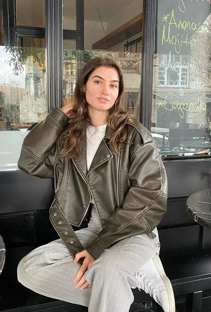 Oversized Dames PU-Leren Bikerjack met Riem en Reverskraag