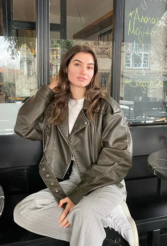 Oversized Dames PU-Leren Bikerjack met Riem en Reverskraag