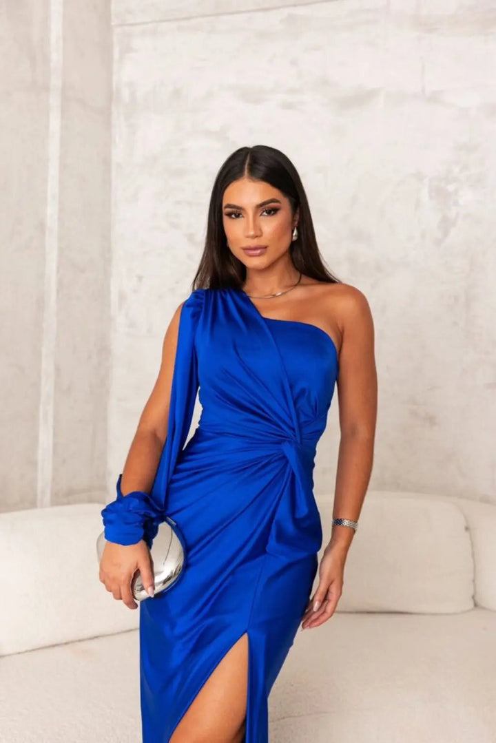Gedrapeerde Satijnen Dames Maxi Jurk met One Shoulder en Hoge Split