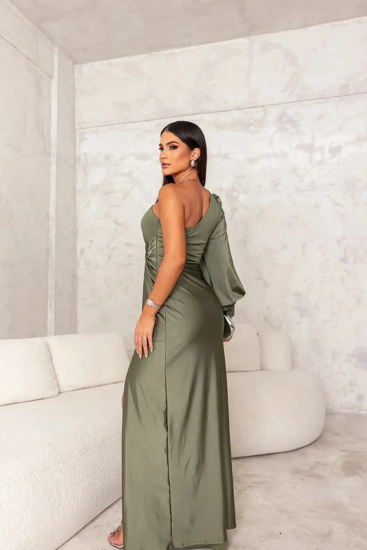 Gedrapeerde Satijnen Dames Maxi Jurk met One Shoulder en Hoge Split