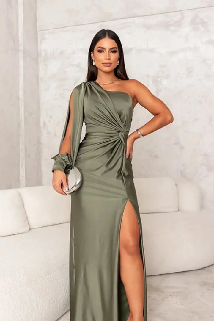 Gedrapeerde Satijnen Dames Maxi Jurk met One Shoulder en Hoge Split