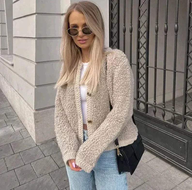 Comfortable Women's Teddy Style Mid Jacket with Buttons