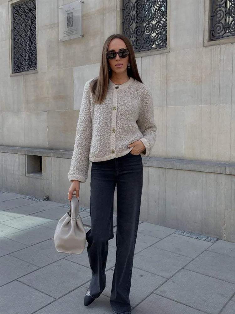 Comfortable Women's Teddy Style Mid Jacket with Buttons