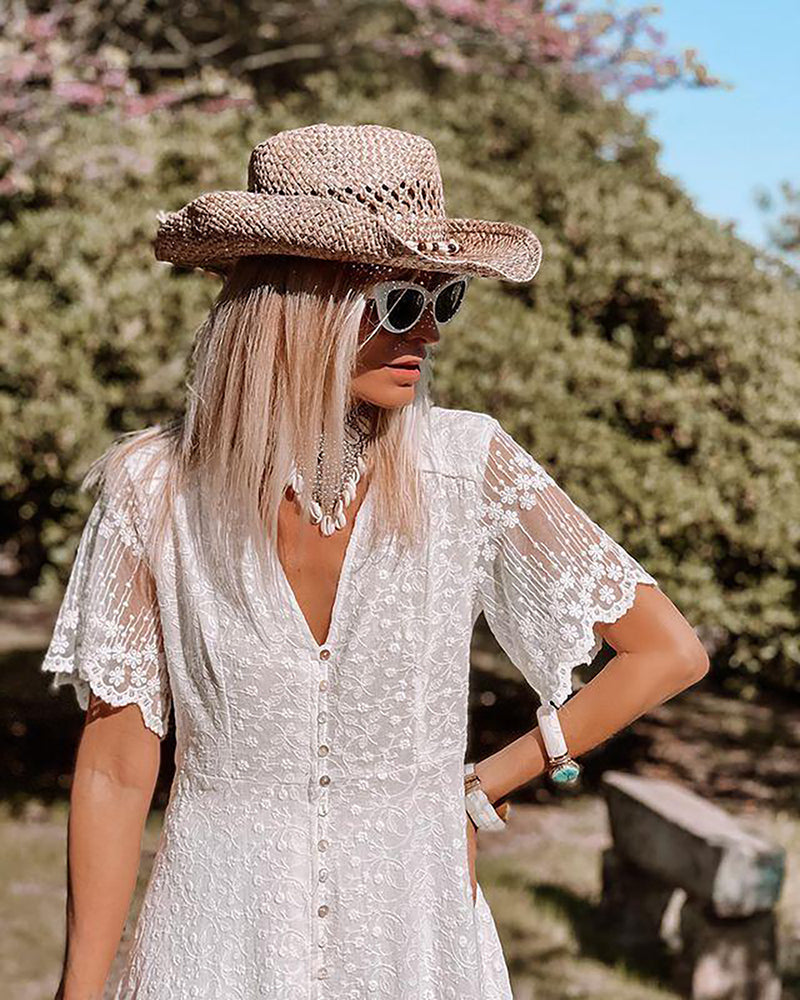 Elegante Zomerse Witte Boho Maxi Jurk Dames met Kant en Knopen