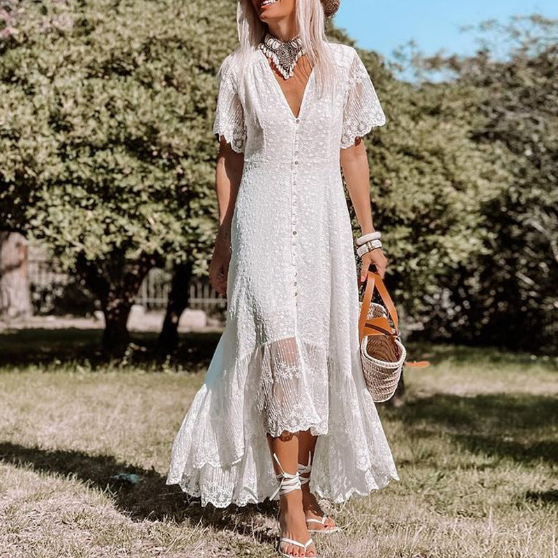 Elegante Zomerse Witte Boho Maxi Jurk Dames met Kant en Knopen