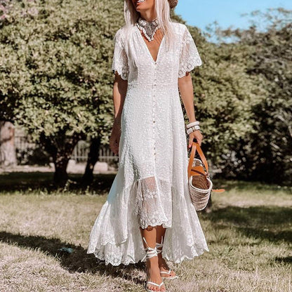 Elegante Zomerse Witte Boho Maxi Jurk Dames met Kant en Knopen