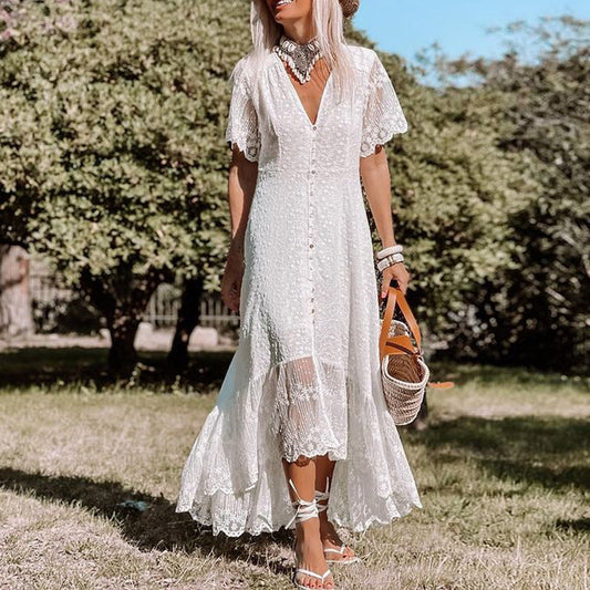Elegante Zomerse Witte Boho Maxi Jurk Dames met Kant en Knopen