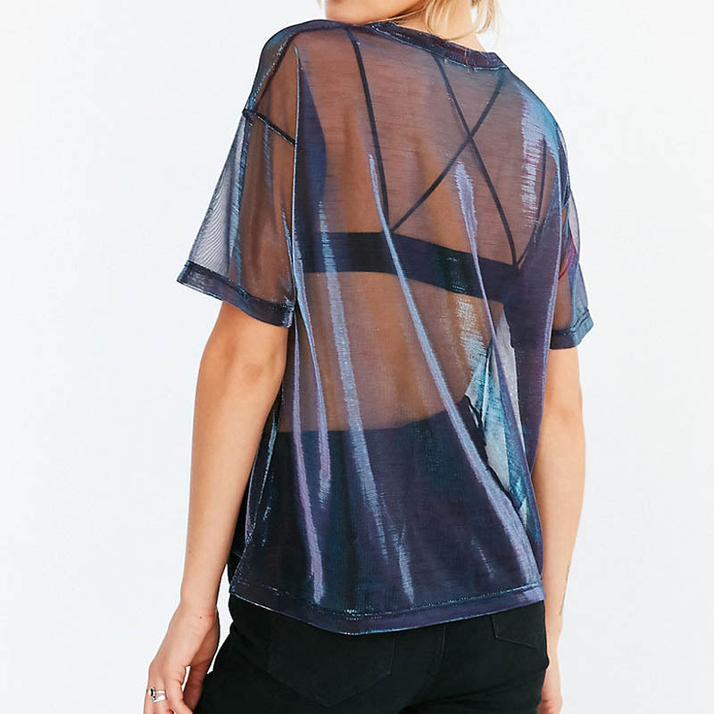 Viviana | Transparante Mesh Top met Holografische Glans