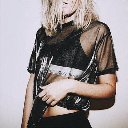 Viviana | Transparante Mesh Top met Holografische Glans