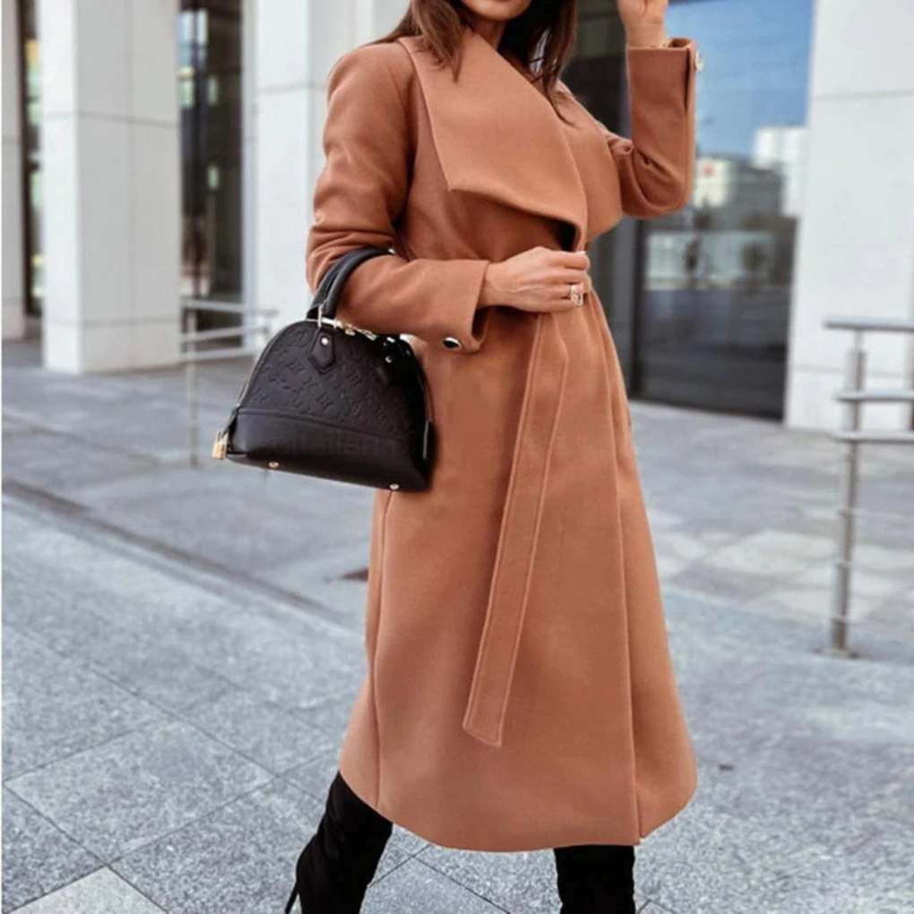 Stijlvolle Dames Mantel Jas Lang met Brede Reverskraag en Ceintuur