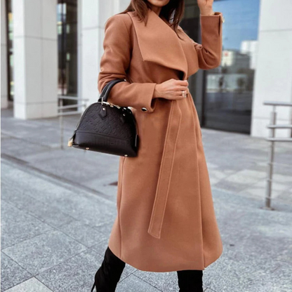 Stijlvolle Dames Mantel Jas Lang met Brede Reverskraag en Ceintuur