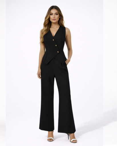 Ensemble Femme Gilet Tailleur Sans Manches Pantalon Large – vue 3