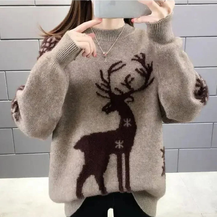 Soft Oversized Women's Christmas Sweater with Reindeer Print