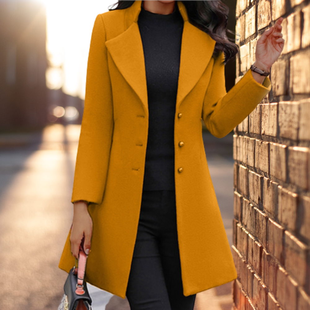 Mustard longline wool coat with button front and belt, front view