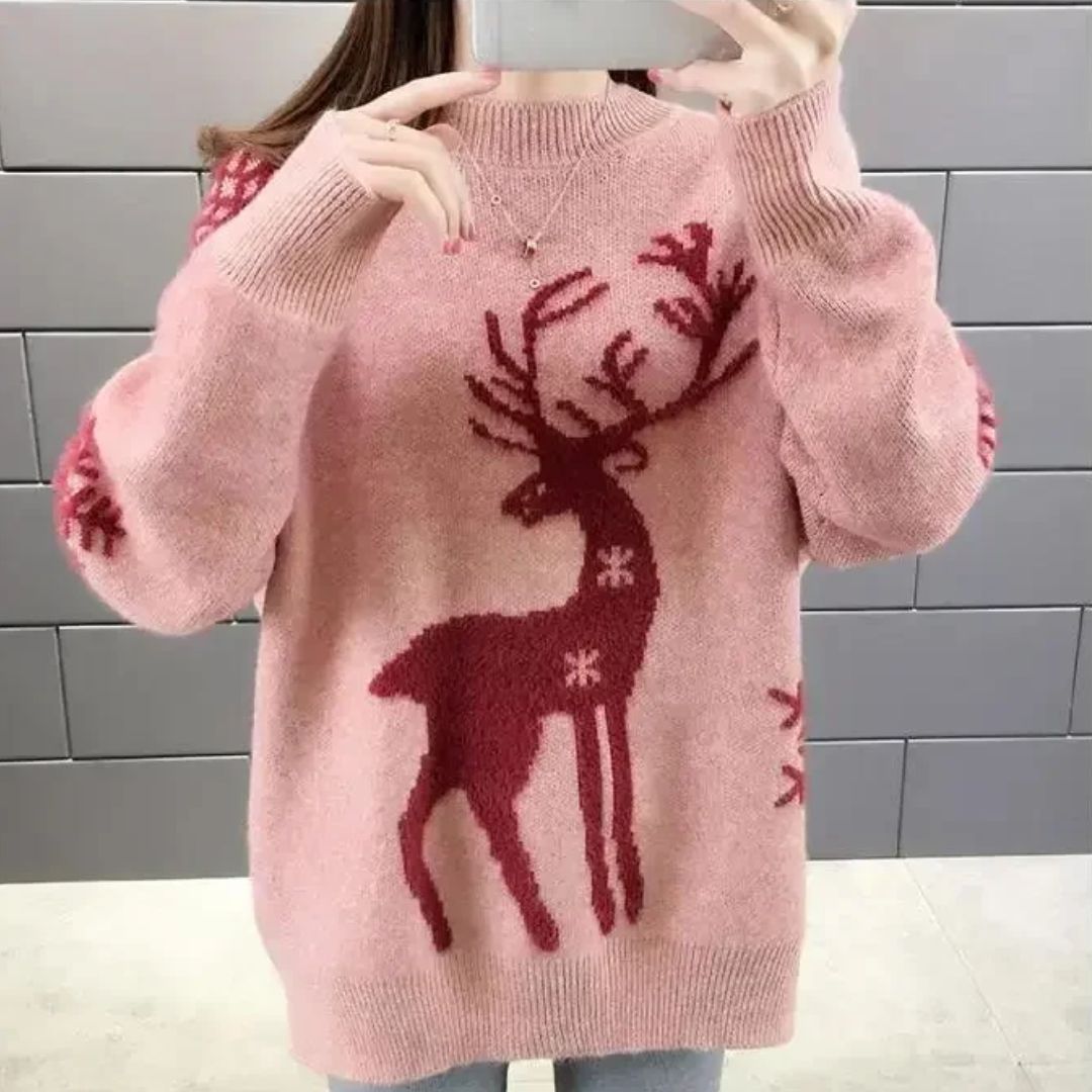 Miękki damski sweter świąteczny oversize z nadrukiem renifera