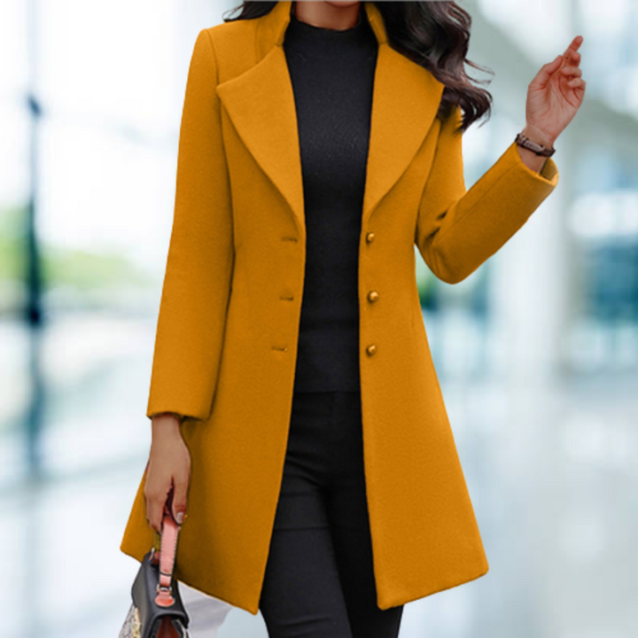 Mustard longline wool coat with button front and belt