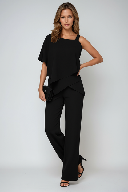 Luxe Dames 2-delige Set met Asymmetrische Top en Wijde Pijpen