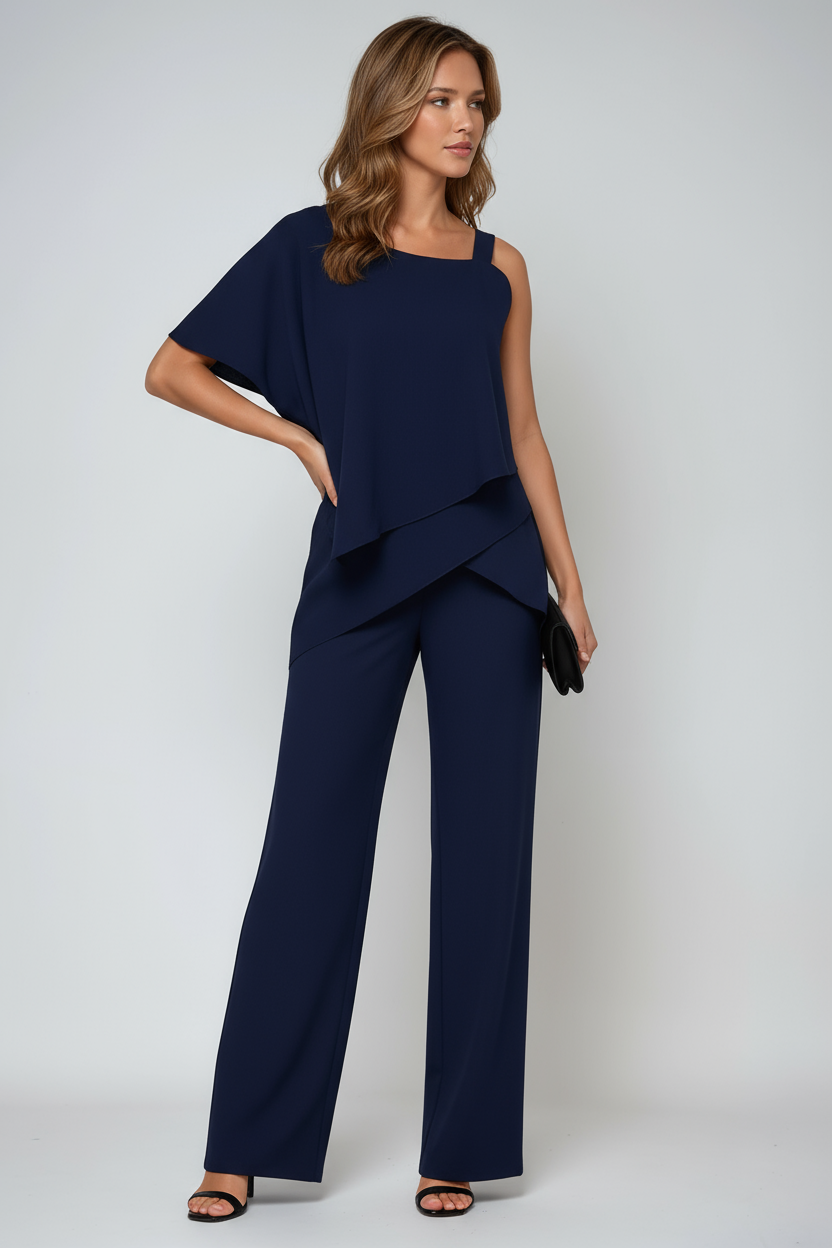 Luxe Dames 2-delige Set met Asymmetrische Top en Wijde Pijpen