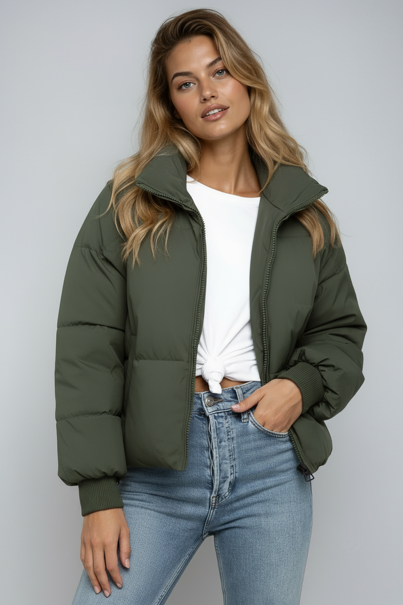 Comfortabele Gewatteerde Dames Puffer Jas Kort Met Rits