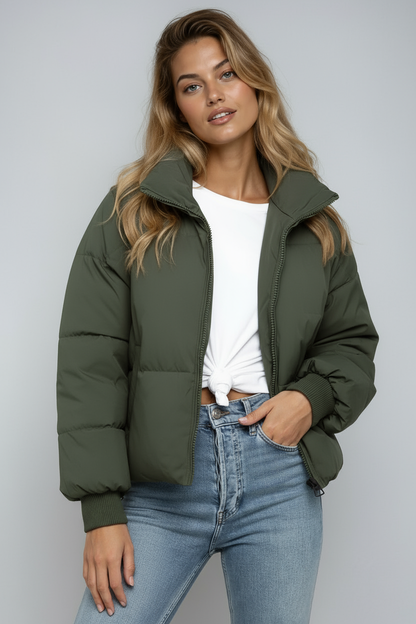 Comfortabele Gewatteerde Dames Puffer Jas Kort Met Rits