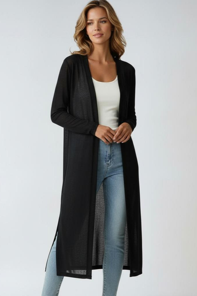 Comfortable Women's Long Cardigan with Open Front and Slit