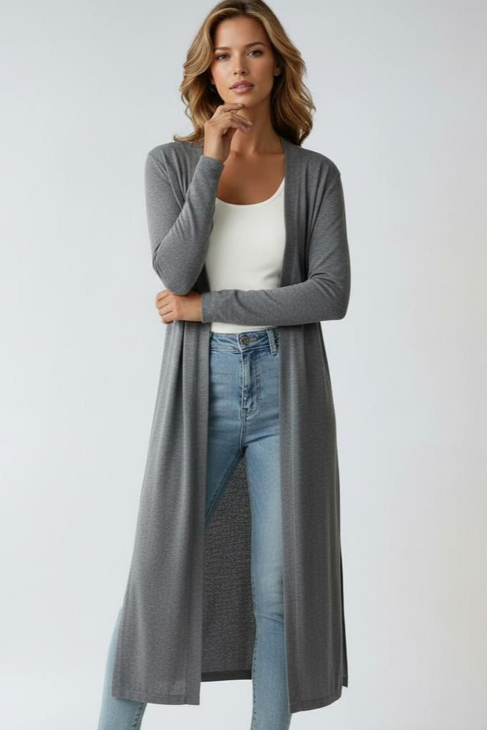 Comfortable Women's Long Cardigan with Open Front and Slit