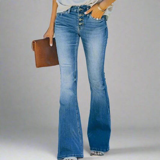 Stijlvolle Blauwe Flared Dames Denim Jeans met Hoge Taille