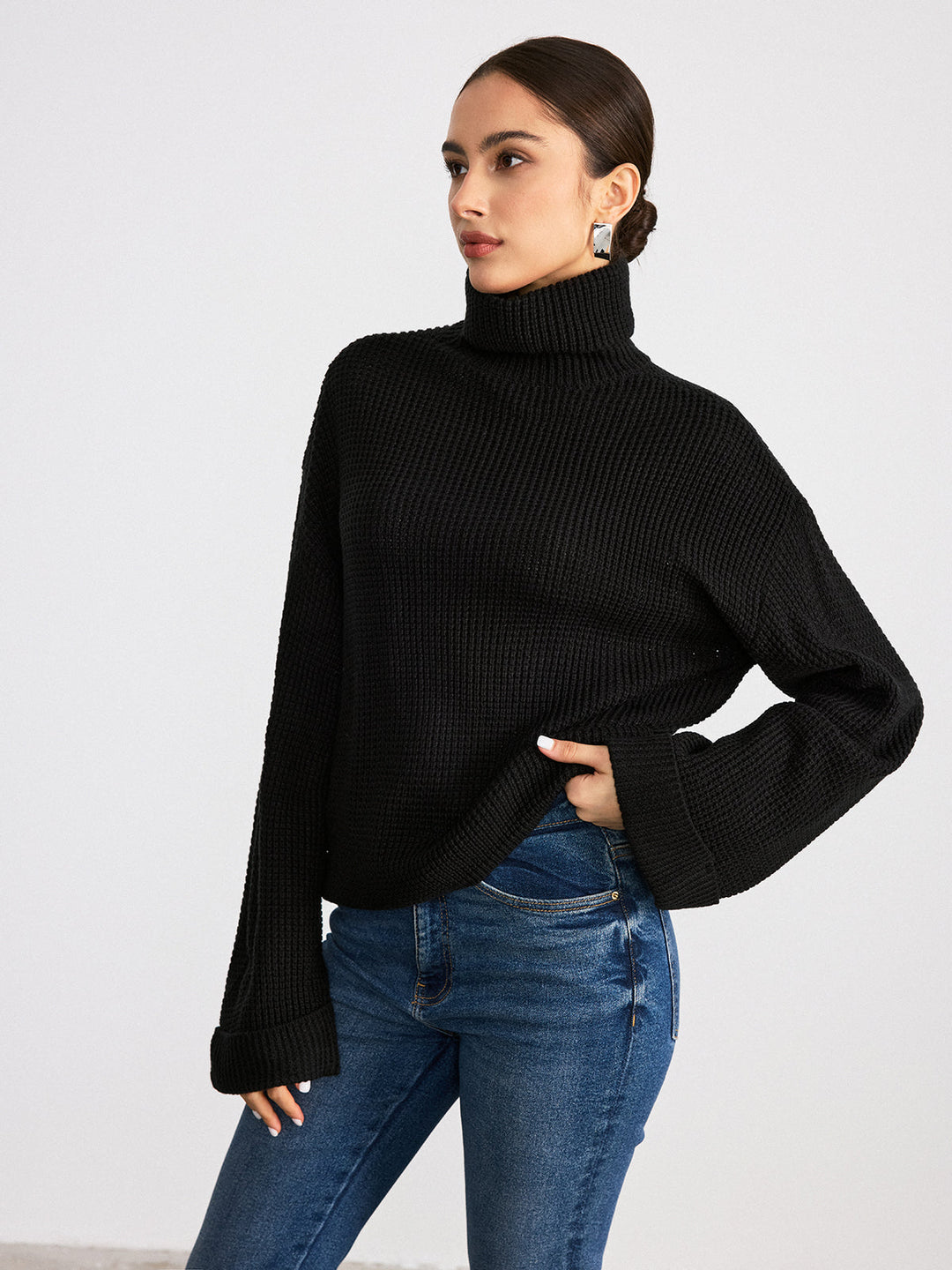 Col Roulé Femme Oversize Noir en Maille Douce avec Manches Longues