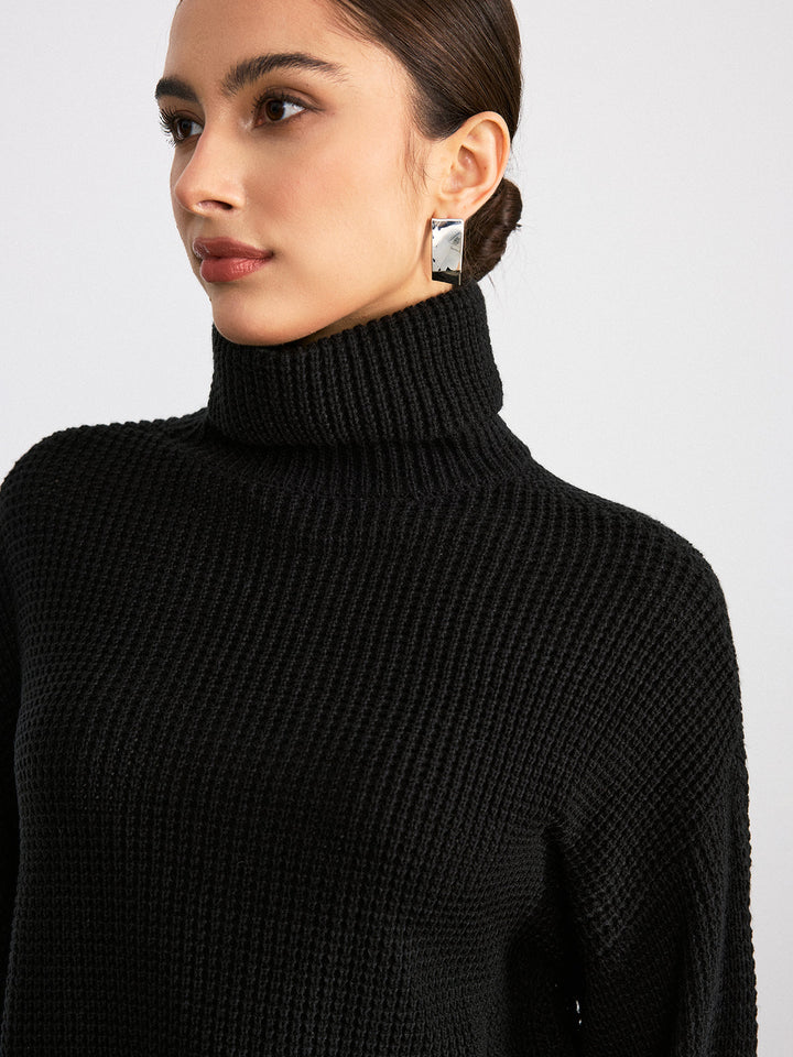 Col Roulé Femme Oversize Noir en Maille Douce avec Manches Longues