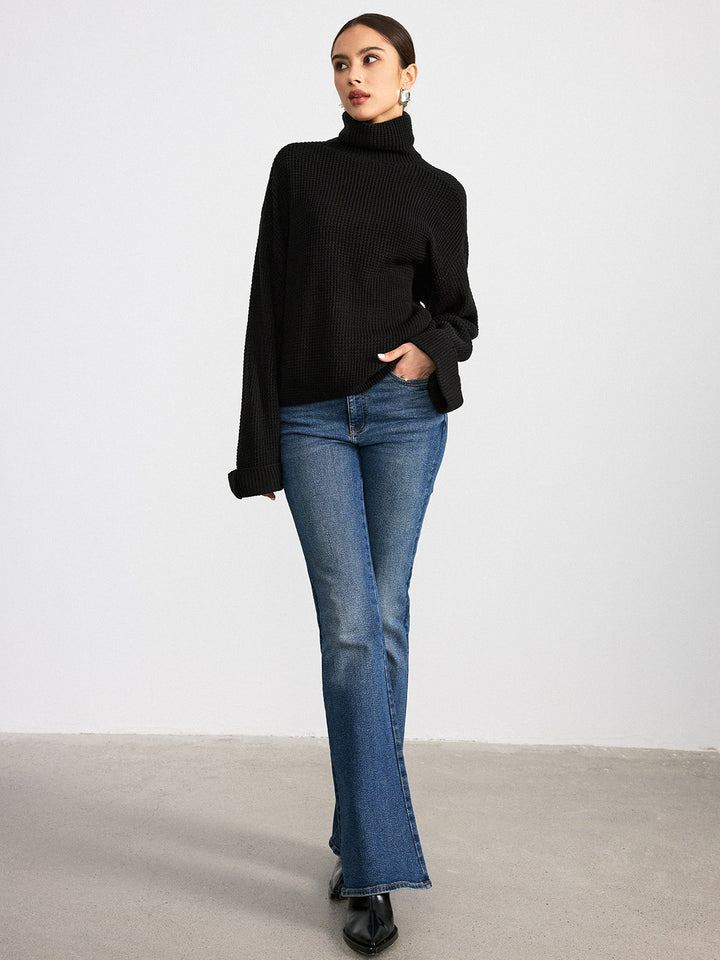 Col Roulé Femme Oversize Noir en Maille Douce avec Manches Longues