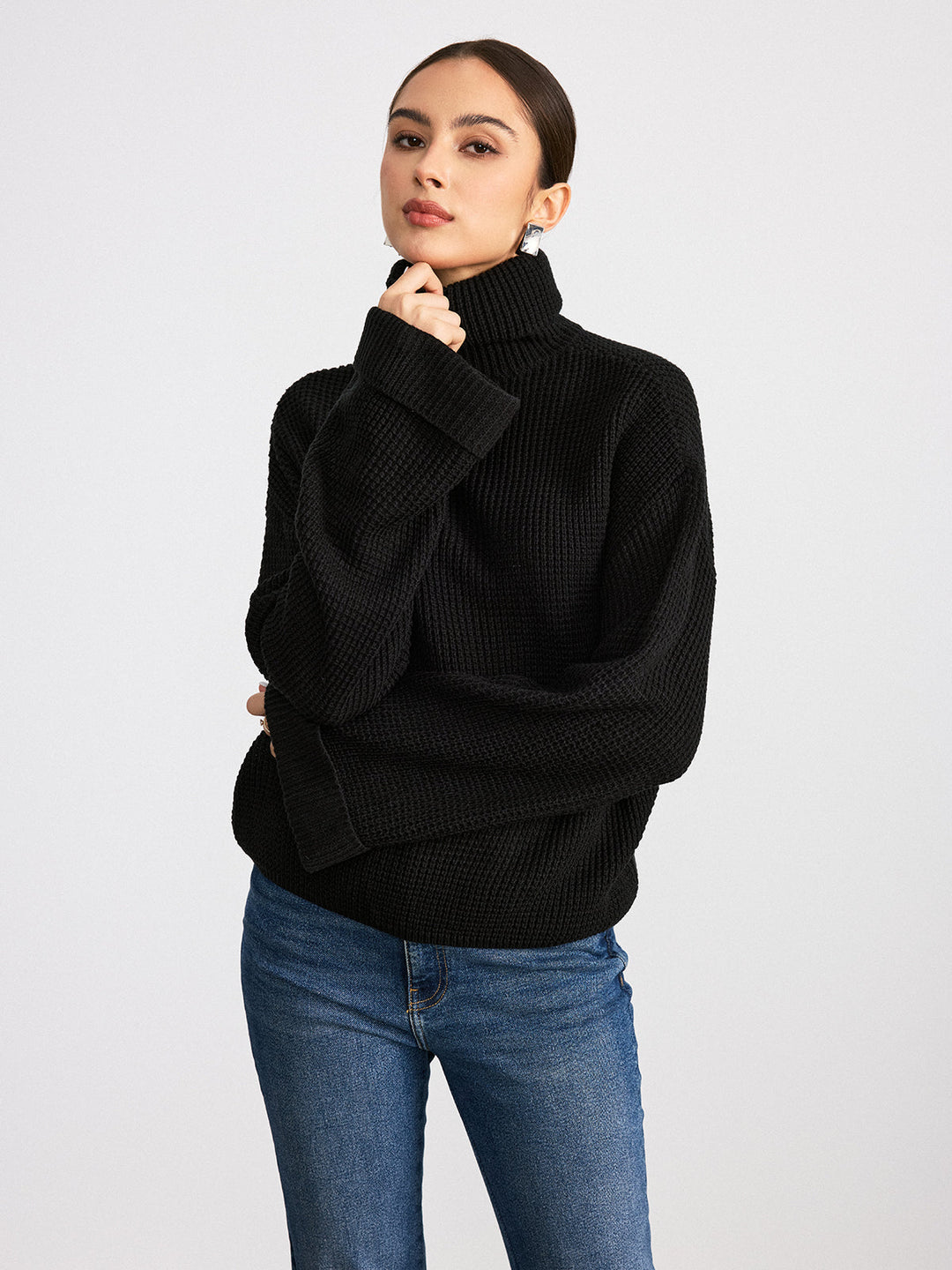 Col Roulé Femme Oversize Noir en Maille Douce avec Manches Longues