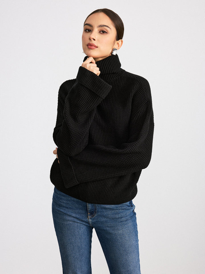 Col Roulé Femme Oversize Noir en Maille Douce avec Manches Longues