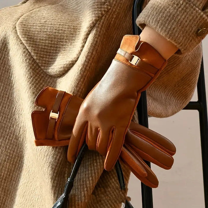 Gants en cuir chauds pour femmes avec doublure en polaire