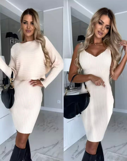 Elegante Ribstructuur Mini Jurk Set met Zachte Sweater Top