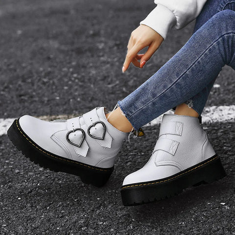 Bottines en Cuir Tendance pour Femme avec Boucles et Semelle Épaisse