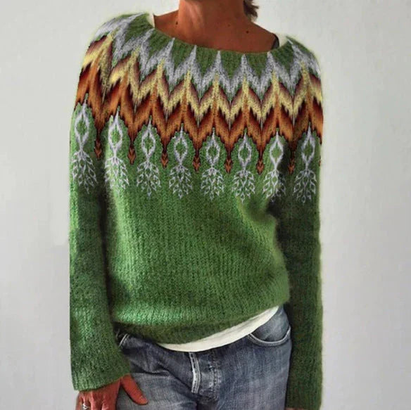 Warme Gebreide Dames Trui met Noorse Jacquardprint en Ronde Hals